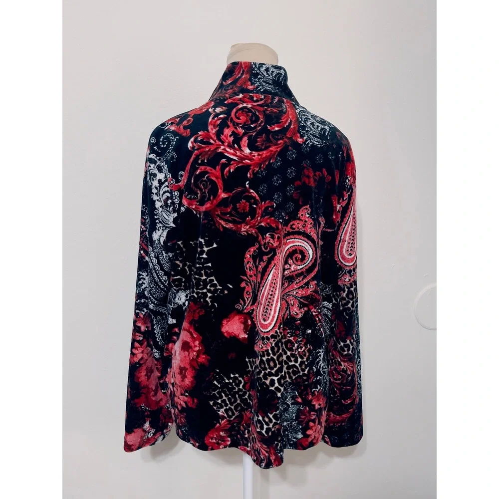 Onque Casual Jacket XL Paisley Leopard Print Red Black Mock Neck Gothic Romantic